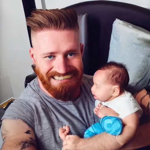 Image similar to a photo of a white man with a mid fade haircut and level 1 clipper beard that is happy with his 3 month year old baby boy.