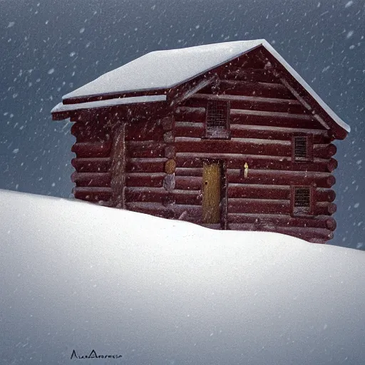 Image similar to a cabin on a hill, snowstorm, winter, by alex andreev, landscape, high contrast, digital, complementary colors