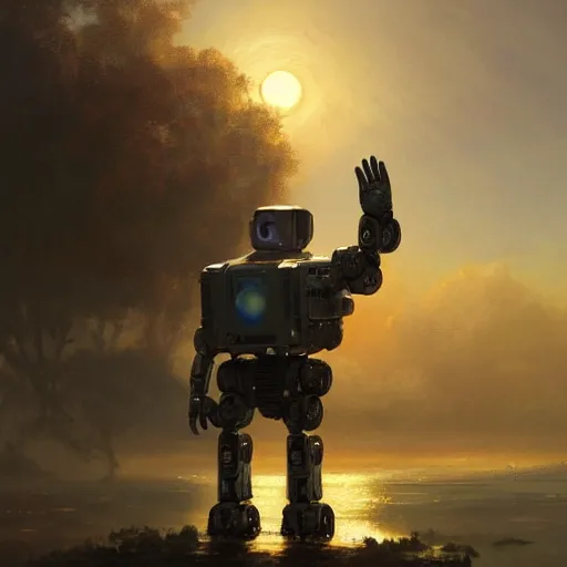 Prompt: An AI-controlled robot waving hello to the world at the dawn of a new day, by Greg Rutkowski Thomas Kincade, detailed, 4k, ArtStation, canvas painting, emotional, beautiful, hopeful