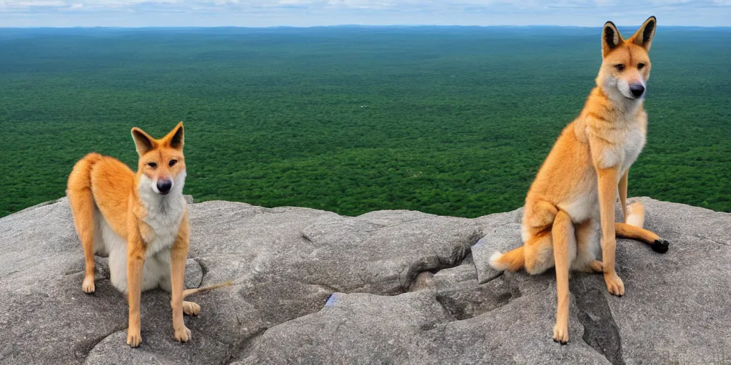 Prompt: a dingo posing at the top of mt. champlain in maine