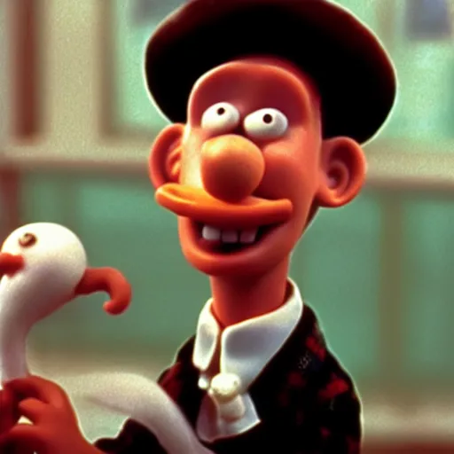 Image similar to Wallace smoking crack in a still from the short movie A Grand Day Out (1989), Wallace and Gromit, Aardman Animations, claymation, 4k, high quality