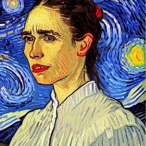 Prompt: detailed portrait of jacinda ardern as an 1890s peasant milkmaid sitting in her bedroom on a starry night painted by van gogh