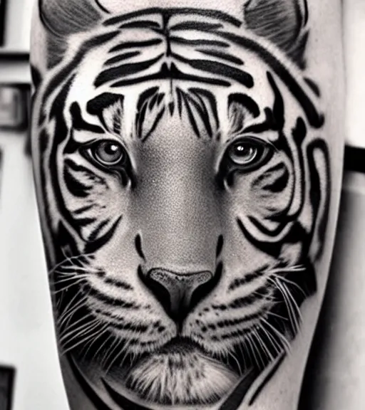 Image similar to tattoo design on white background of a beautiful girl warrior under a tiger head, hyper realistic, realism tattoo, by eliot kohek, beautiful eyes, realistic face, black and white