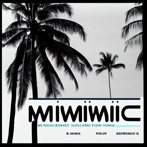 Image similar to miracle musical Hawaii part ii album cover, showing an ocean in the background, spiral transparent stairs on the left with tall palm trees behind it, a slight rainbow in the background, white outline border, moon in the right top area black and white