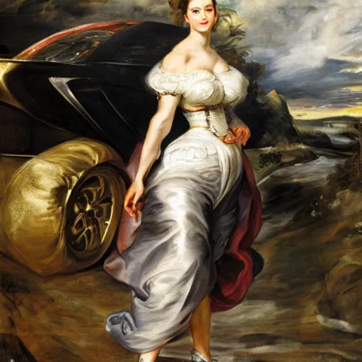 Image similar to heavenly summer sharp land sphere scallop well dressed lady standing next to car, auslese, by peter paul rubens and eugene delacroix and karol bak, hyperrealism, digital illustration, fauvist, standing next to a car