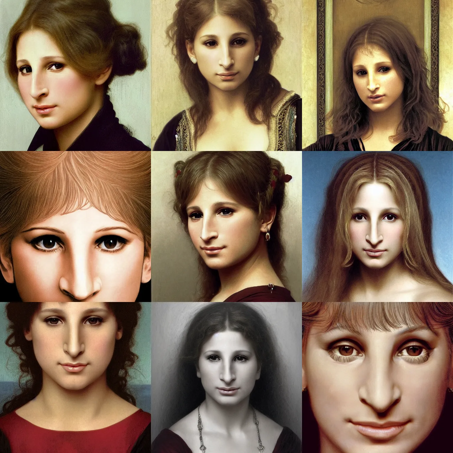 Prompt: barbra streisand no makeup, defined facial features, symmetrical facial features. by william adolphe bouguereau, key art, award winning, intricate detail realism hdr