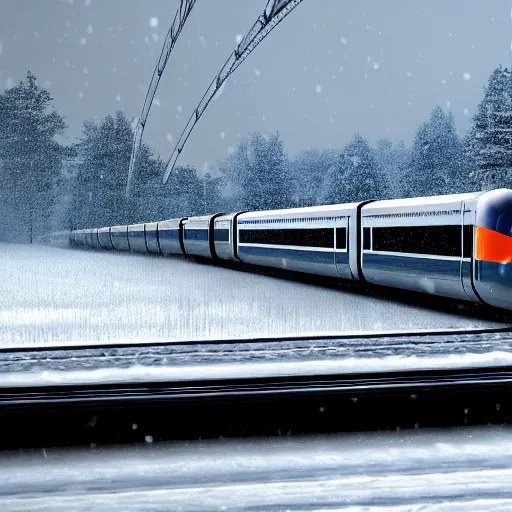 Image similar to desktop wallpaper of a bullet train riding over a bridge through a cold snowy landscape, trending on artstation