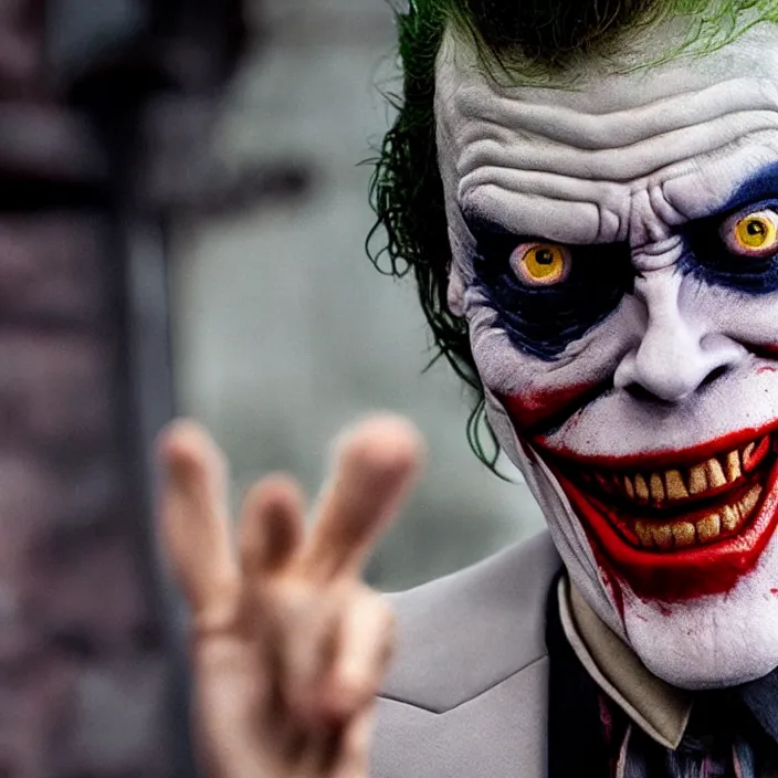 Image similar to willem dafoe as the joker, 8 k, movie still