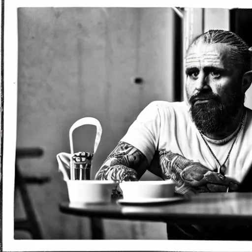 Image similar to black and white press photograph, highly detailed portrait of a depressed tattooed middle age man drug dealer sitting by the table, detailed face looking into camera, eye contact, natural light, mist, fashion photography, film grain, soft vignette, sigma 85mm f/1.4 1/10 sec shutter, Darren Aronofsky film still promotional image, IMAX 70mm footage