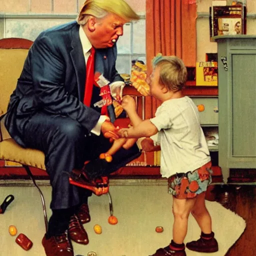 Image similar to Donald Trump stealing candy from a baby, painting by Norman Rockwell, 8k