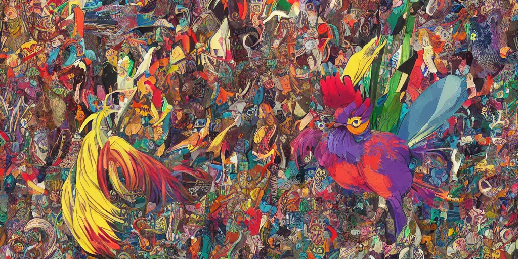 Prompt: colorful illustration of a million fighting roosters, mix of styles, collage of styles, abstract, surreal, intricate, highly detailed, ghost in the shell color scheme