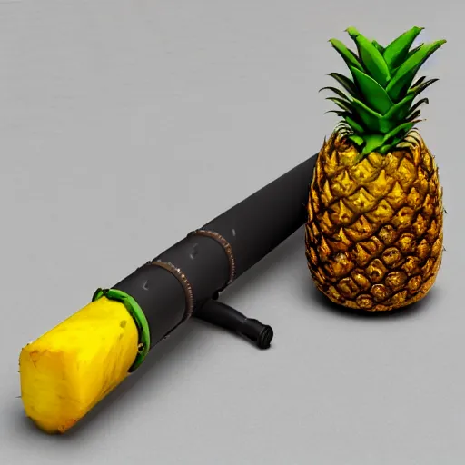 Prompt: product photo of a pineapple designed to resemble an RPG launcher, center frame, highly detailed, balanced colors