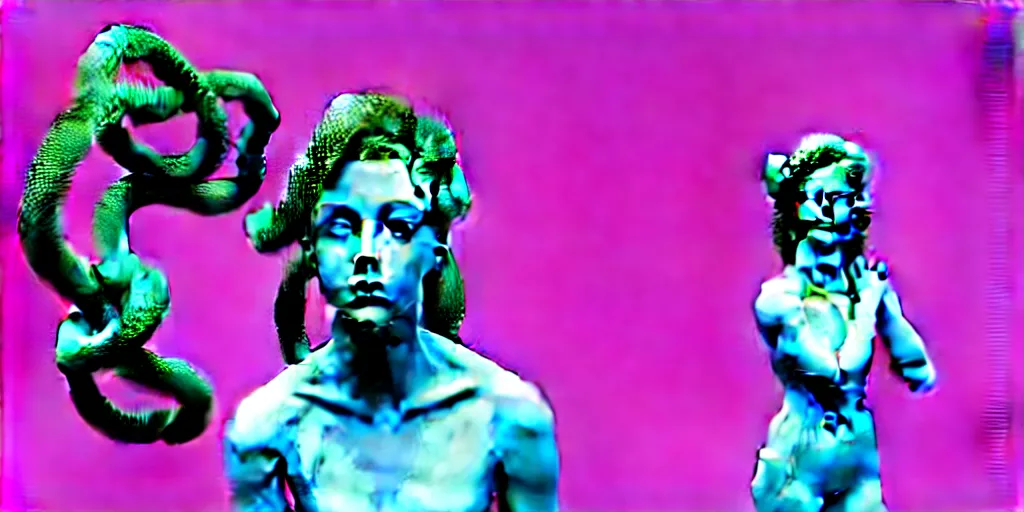 Image similar to modern sculpture, young woman as medusa, multiple poses, androgynous, vaporwave, distorted vhs still