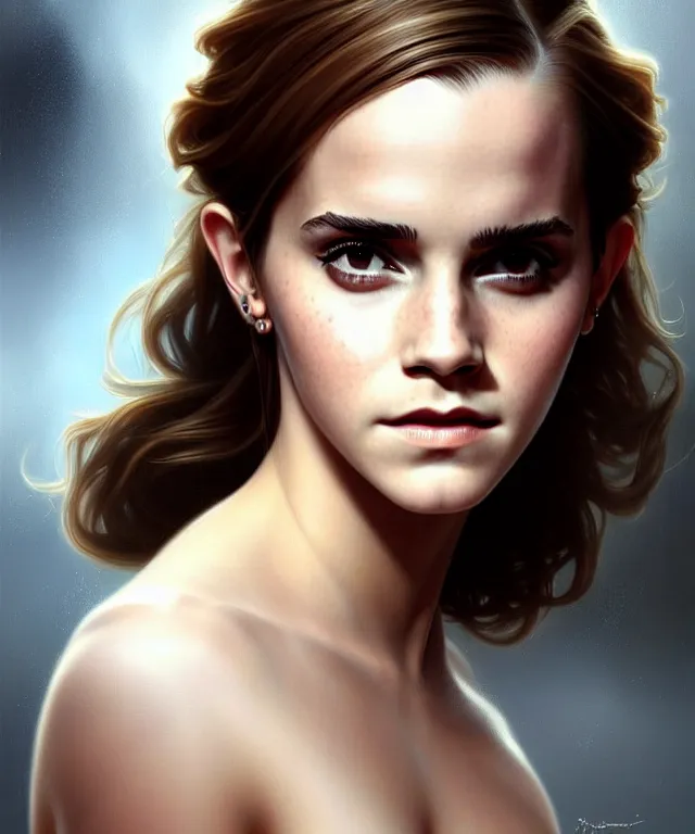 Image similar to Emma watson elegant dancer woman portrait, sci-fi, amber eyes, face, long hair, fantasy, intricate, elegant, highly detailed, digital painting, artstation, concept art, smooth, sharp focus, illustration, art by artgerm and greg rutkowski and alphonse mucha