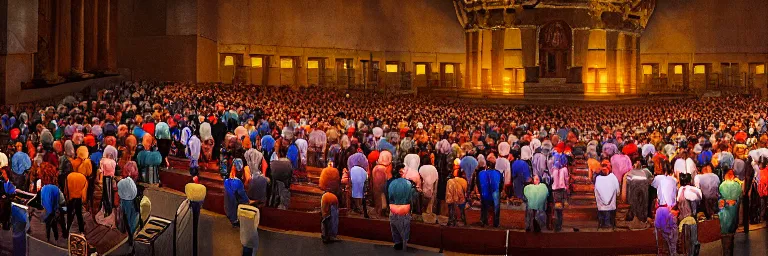 Prompt: a crowd of worshipers praying to a portal to heaven, by James Gurney, luminous lighting, cinematic, panoramic, aspect ratio 1:3