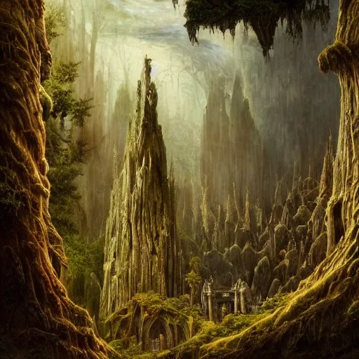 Image similar to a beautifully epic and insanely detailed oil painting of an elven temple deep in the misty mountains, secret valley, tall spires, beautiful trees, runes carved into the stone, intricate details, epic scale, insanely complex, 8 k, sharp focus, hyper realism, fantasy landscape, psychedelic, by caspar friedrich, brian froud, albert bierstadt,