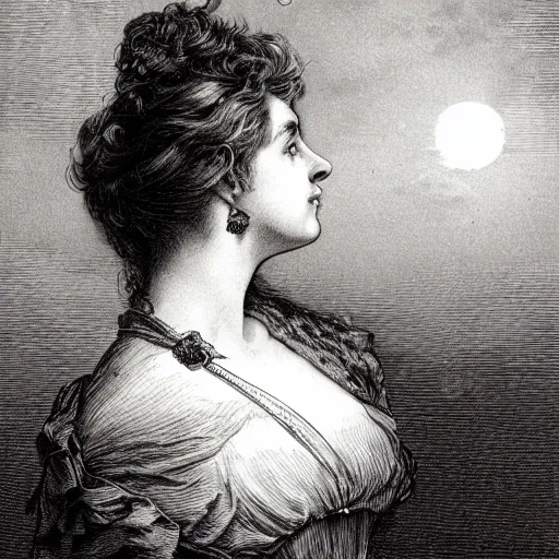 Prompt: side portrait of a victorian lady, widow, dramatic clouds, moon, depth, shadow, dramatic light, Chiaroscuro, illustration by Gustave Doré