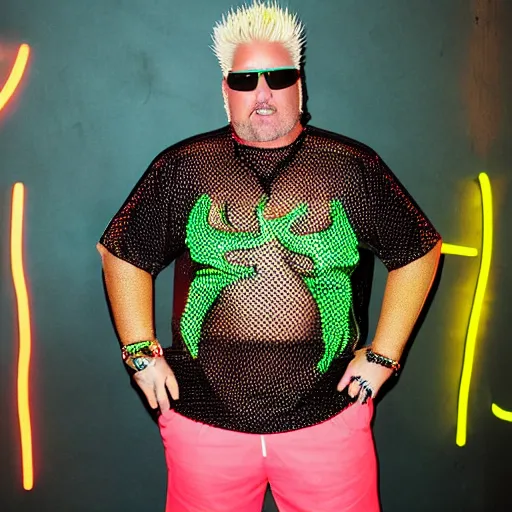 Prompt: guy fieri wearing a neon colored mesh crop top and pit vipers