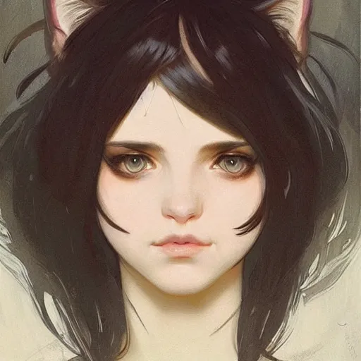 Image similar to emo girl and her cat, with long dark hair, thick eyebrows!!! deep dark big eyes and dark circles!, wide nose!!!, oval face shape, big cheeks!, by greg rutkowski and alphonse mucha, trending on artstation