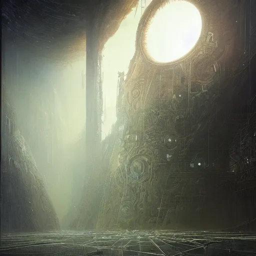 Image similar to lost and alone in a vast future sci - fi cyberpunk megastructure by gustave dore and gustave moreau and beksinski and giger and craig mullins and jeremy mann