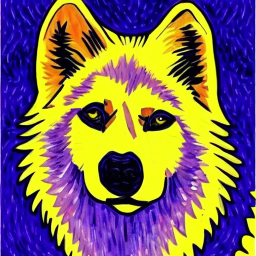 Image similar to retarded wolf portrait, van gogh style, vivid colors, yellow, purple