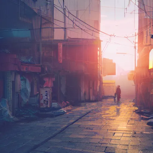 Image similar to the ruin of a cyberpunk japanese city, sunset, warm light, alleyway