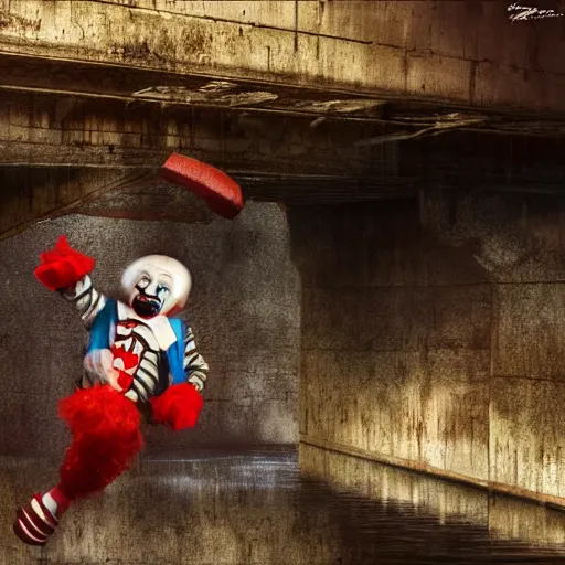 Prompt: clown falling from under a bridge, concept art, artstation, realistic photo, dark, highly detailed, 4 k