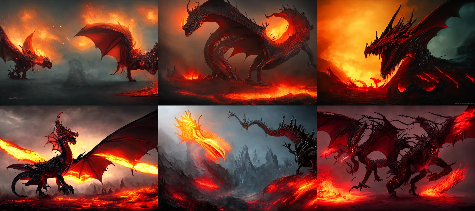 Prompt: Attack of the Eldritch Dragon, black, red, gold, fire, chaos, High Fantasy, by Frank Franzzeta, artstationHD, artstationHQ, deviantar, octane, HD, 8k