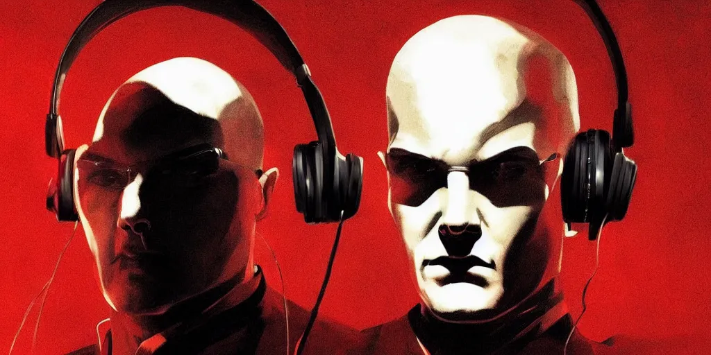 Image similar to agent 4 7 from hitman wearing headphones with wires everywhere listening to music, dark background, red rim light, smooth, sharp focus, art by irina french