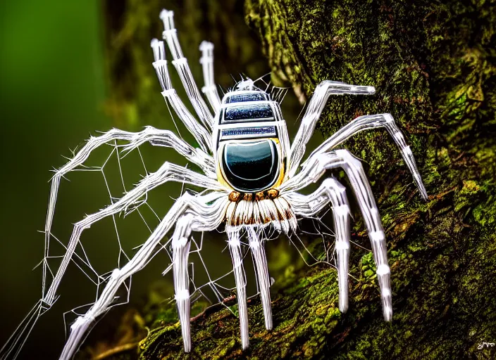 Image similar to portrait of a crystal spider in the forest. Fantasy magic style. Highly detailed 8k. Intricate. Nikon d850 55mm. Award winning photography.