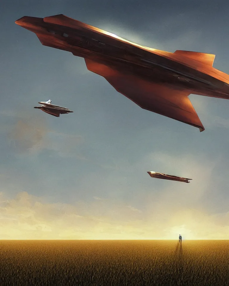 Prompt: wide shot of a tall and thin greebled sharp angled spaceship hovering in the air 6 feet above a cornfield, late afternoon, golden hour, dramatic lighting, cinematic, highly detailed, smooth, sharp focus, concept art by greg rutkowski and artgerm and syd mead