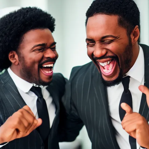 Image similar to stock photo of three black people laughing wearing suits and ties in an office building, 8k resolution, full HD, cinematic lighting, award winning, anatomically correct