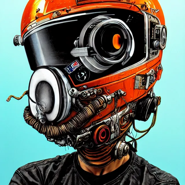 Image similar to a portrait of an anthropomorphic cyberpunk orangutan in a motorcycle helmet by sandra chevrier, detailed render, tape deck, boombox, headphones, epic composition, cybernetics, 4 k realistic, cryengine, realistic shaded lighting, sharp focus, masterpiece, by matteo scalera, gary montalbano, peter elson in the style of the tokyo ghost comic