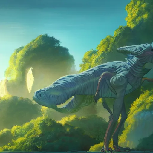 Image similar to concept art painting of an alien world full of alien dinosaurs, detailed, cel shaded, in the style of makoto shinkai and moebius and james gurney