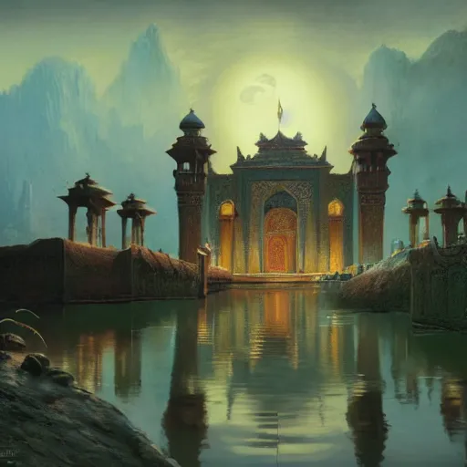 Prompt: Persia temple keep on glorious cliff moat with the crescent moon rippling above. Craig Mullins, Dylan Cole, Liang Mark, Darek Zabrocki, Finnian MacManus, Sung Choi, Ruan jia, Albert Bierstadt Greg Rutkowski, Cinematic Keyframe Environmental & Architectural Design Concept Art, Trending on ArtStation