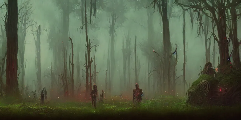 Image similar to reed - people in futuristic spiritual mystical post apocalyptic swampy forest drawn by ron gilbert, dim painterly volumetric aquatic lighting, scenic, beautiful, crisp, artstation, highly detailed