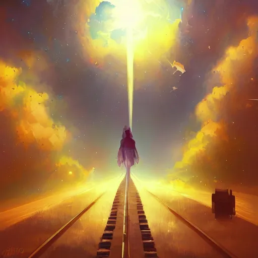 Image similar to train to heaven, digital art, galaxies, artstation, high quality