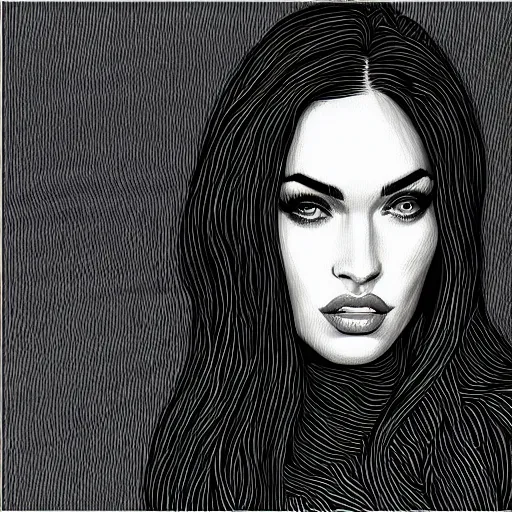 Image similar to “Megan Fox, portrait!!! Portrait based on doodles, scribbled lines, sketch by Liz Y Ahmet, monochrome, concept Art, million lines, white background, ultra detailed portrait, 4k resolution”