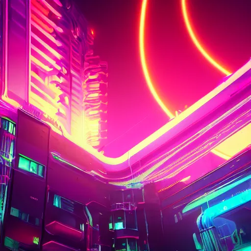 Image similar to synthwave neon city in space, cinematic, highly detailed, photograph, scifi, micro detail, octane render, physically based rendering, insane details, photorealism, fantasy, 8 k, cgsociety