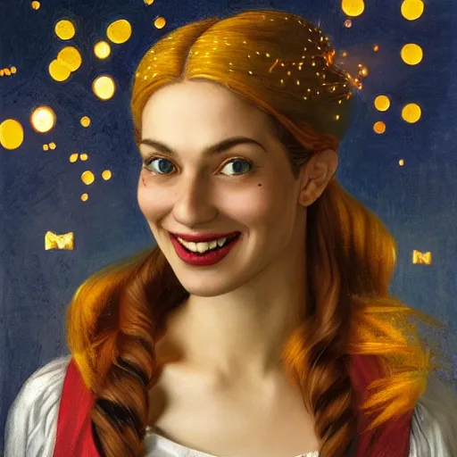 Image similar to a totally amazed smiling pretty supermario surrounded by golden firefly lights in a mesmerizing scene, fully covering intricate detailed bohemian outfit, long loose red hair, precise linework, accurate green eyes, small nose with freckles, beautiful smooth oval head, expressive emotions, hyper realistic ultrafine portrait by artemisia gentileschi, jessica rossier, greg rutkowski, artgerm