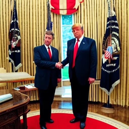 Prompt: cigarette smoking man from the X-Files shaking Donald trump's hand, cinematic photo, oval office, standing, firm handshake, deal