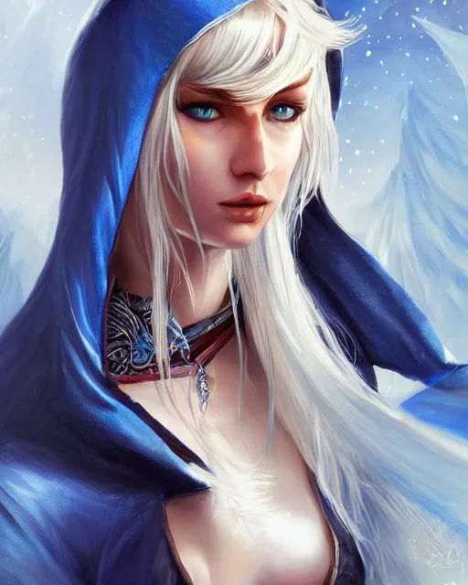 Image similar to A mysterious girl with hooded cobalt-blue eyes and silky white hair, guitar shape build, her wardrobe is attractive, fantasy art, in the style of Fernando Juarez, illustration, epic art, fantasy, intricate, elgant, amazing detail, digital painting, artstation, concept art, smooth, sharp focus