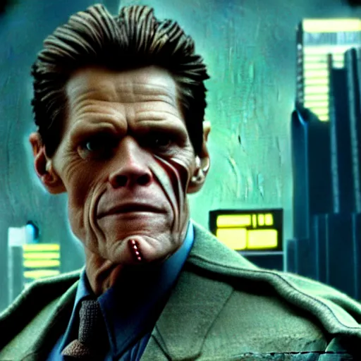 Prompt: william dafoe as a cyborg in a cyberpunk story in a distopic futuristic city in the style of bladerunner, movie still, highly detailed
