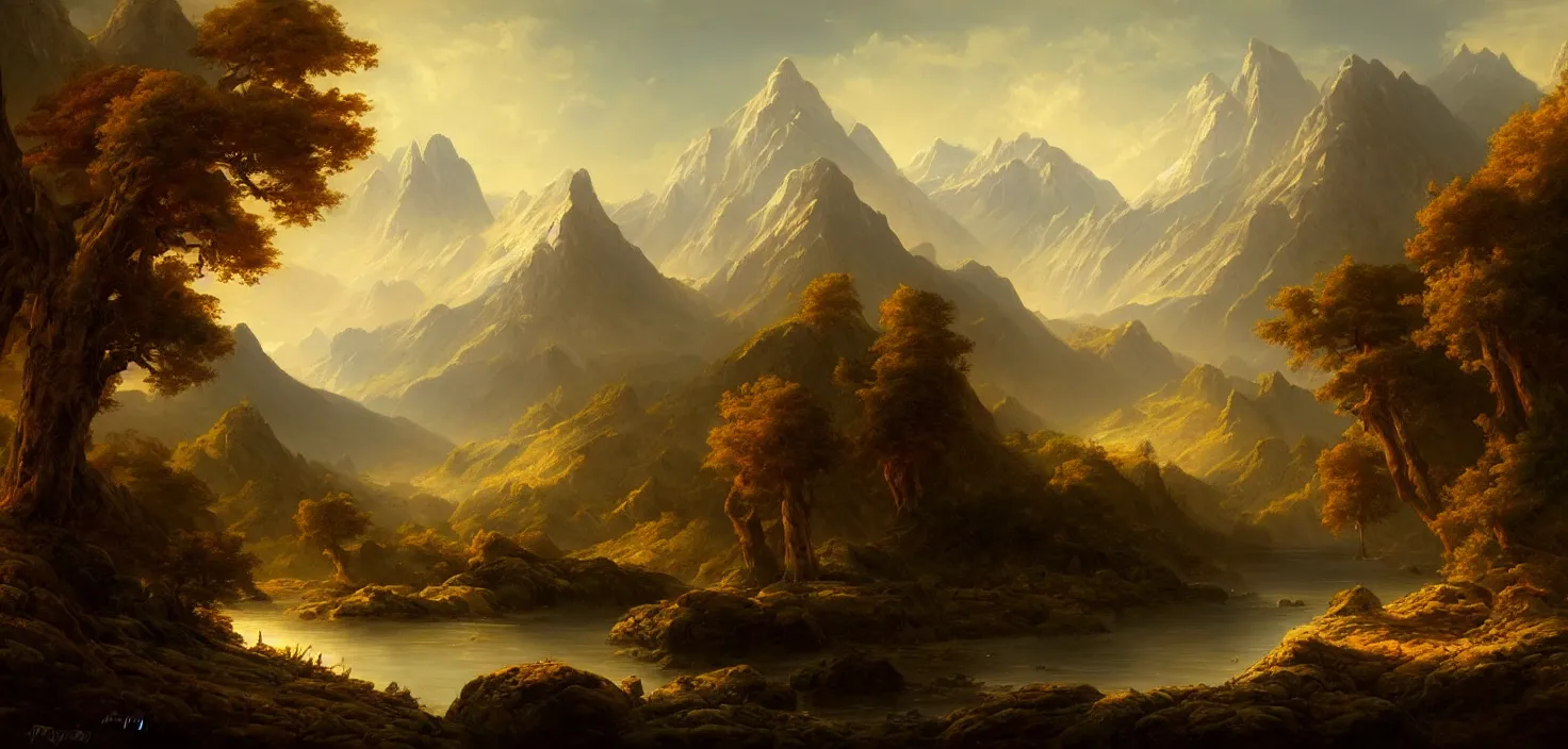 Prompt: a painting of a landscape with mountains and trees, a matte painting by william didier - pouget, cgsociety, fantasy art, matte painting, apocalypse landscape, concept art