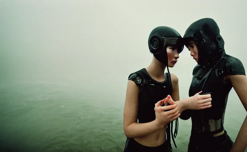 Image similar to cinestill 5 0 d candid photographic portrait by helen levitt of two loving female androids wearing rugged black mesh techwear in treacherous waters, extreme closeup, modern cyberpunk moody emotional cinematic, dust storm, 8 k, hd, high resolution, 3 5 mm, f / 3 2, ultra realistic faces, ex machina