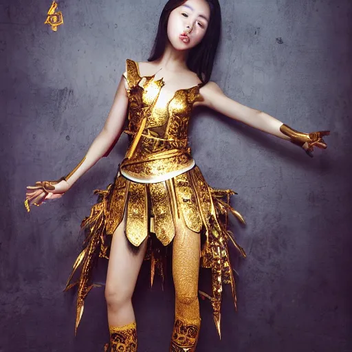 Prompt: young korean attractive woman in golden see through warrior outfit with golden ornaments on arms and body : photograph realistic