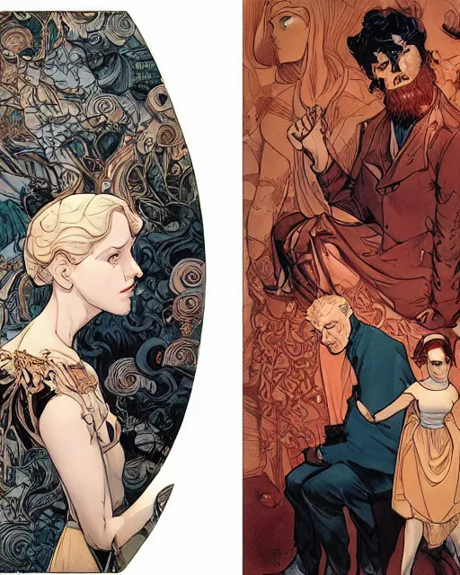 Image similar to a handsome man and a beautiful woman back to back artwork by james jean, Phil noto and rebecca guay