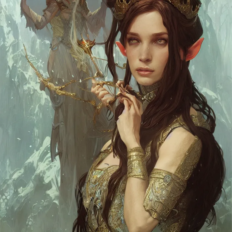 Image similar to portrait of an elf queen, D&D, fantasy, highly detailed, digital painting, artstation, concept art, smooth, sharp focus, illustration, art by greg rutkowski and alphonse mucha