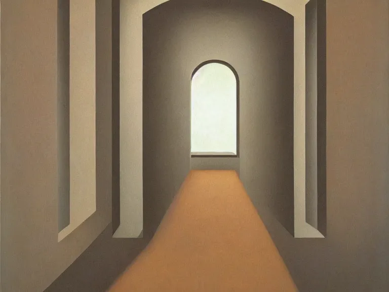 Image similar to an open door to nothingness in brick wall with endless hallway inside, painting by rene magritte, high detail, high resolution