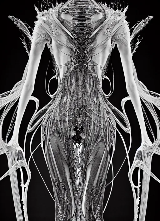 Image similar to walking down the catwalk, ben watts, show, stage, vogue photo, podium, fashion show photo, historical baroque dress dark, iris van herpen, beautiful woman, masterpiece, intricate, biopunk, vogue, full body shot, alien, plant predator, guyver, giger, wires, tubes, veins, jellyfish, white biomechanical details, highly detailed